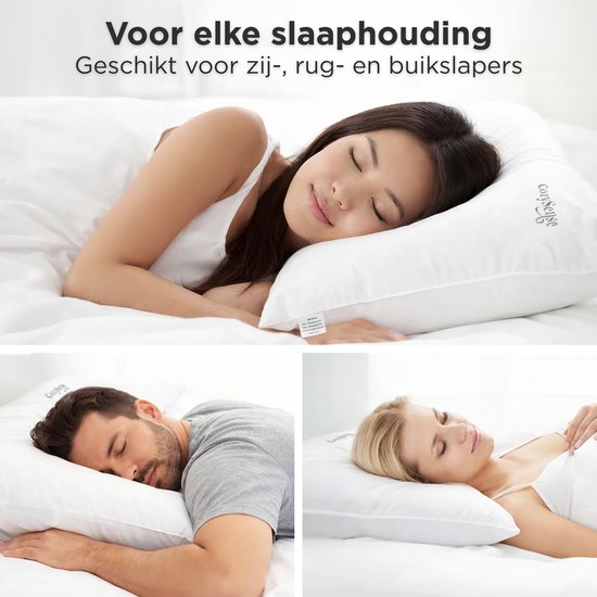Collage van 3 slapende personen: vrouw op haar zij, man op zijn rug, vrouw op haar rug. 'Voor elke slaaphouding'.