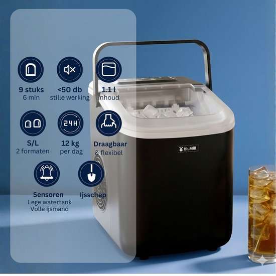 BluMill Ijsblokjesmachine - Ijsblokmaker - Incl. Ijsschep en Uitneembare Ijsmand - 9 blokjes in 6 minuten - Draagbaar - Zelfreinigend - Zwart van Merkloos — afbeelding 5