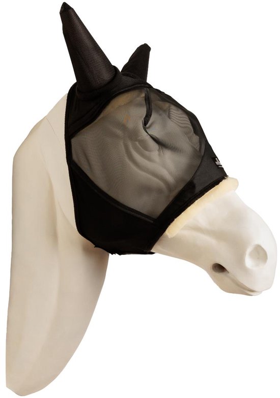 Zwart vliegenmasker met oren en witte, zachte rand, op een wit paardenhoofd.