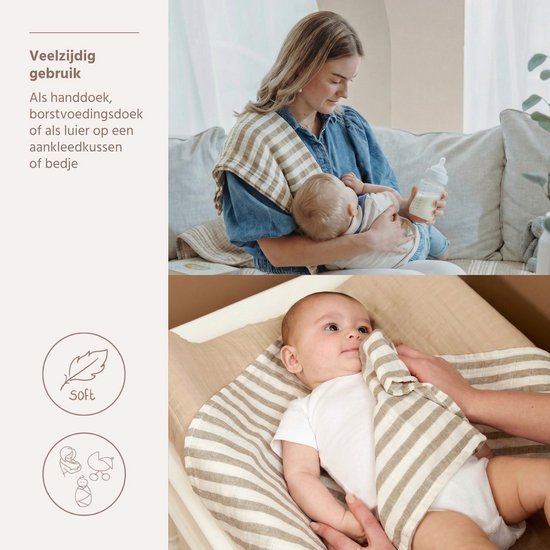 Meyco Baby Fat Stripe Swaddle - 2-pack - Pre-washed Hydrofiel - Taupe - 120x120cm — afbeelding 4