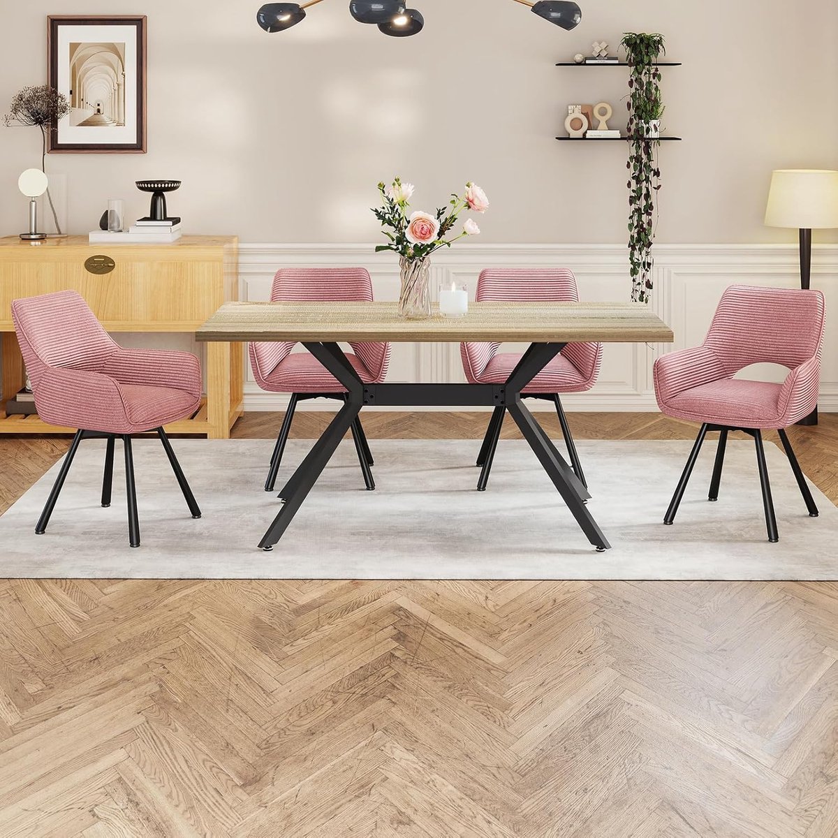 Draaibare Eetkamerstoel 45x42x81 cm – Luxe Fluweel Roze 360° Draaistoel met Armleuningen & Traagschuim Zitkussen – Ergonomische Keukenstoel, Woonkamer Lounge Stoel met Metalen Verstelbare Poten – Abkantoor