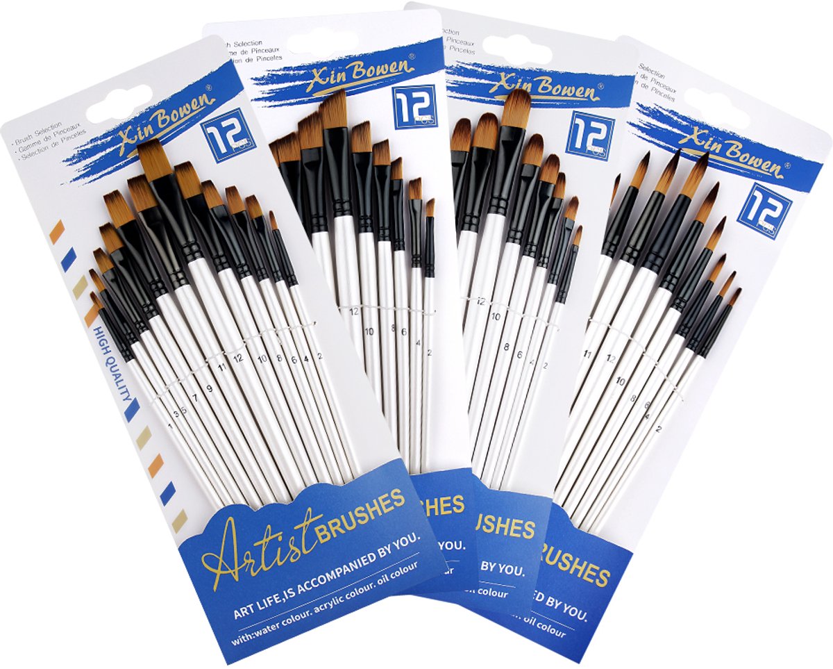 Penselen - Set van 48 stuks - Recht - Puntig - Afgeschuind - Rond - Kwasten - Verven - Schilderen - Waterverf, Olieverf en Acrylverf
