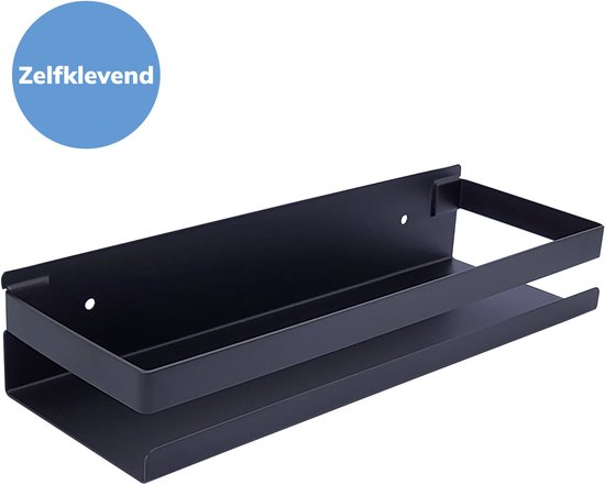Zelfklevend, zwart metalen douche-rek met een strak design.