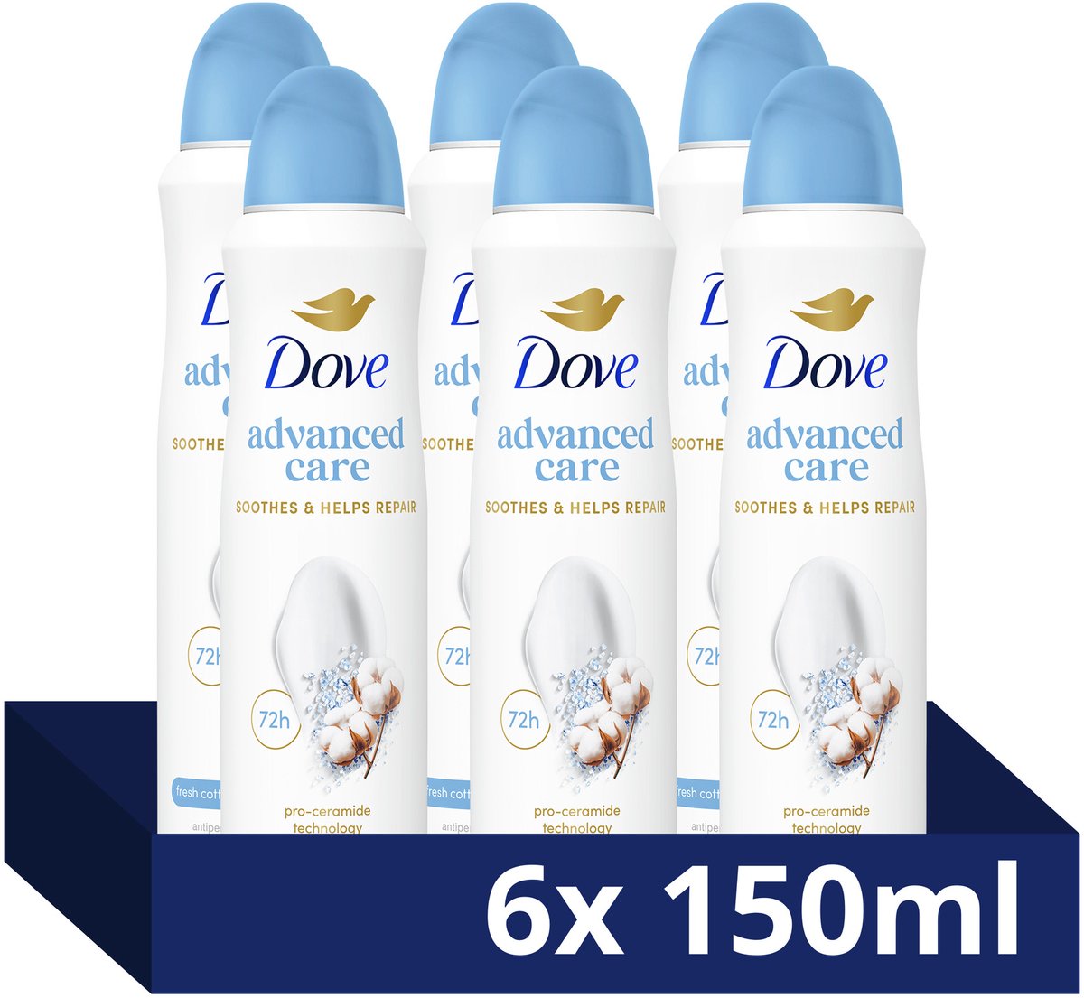 DOVE Advanced Care Anti-Transpirant Deodorant Spray - Fresh Cotton & Sea Minerals - deo met Pro-Ceramide technologie, kalmeert de huid en helpt herstellen - 6 x 150 ml