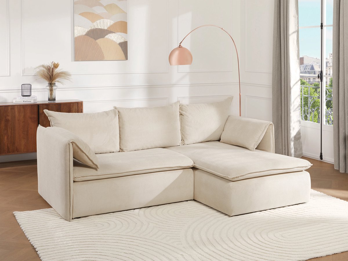 Hoekslaapbank 230 × 166 × 91 cm Beige Ribfluweel – Uittrekbare Hoekbank met Slaapfunctie en Opbergruimte – Opklapbare Armleuningen – VALERON Sofa – Bellavero