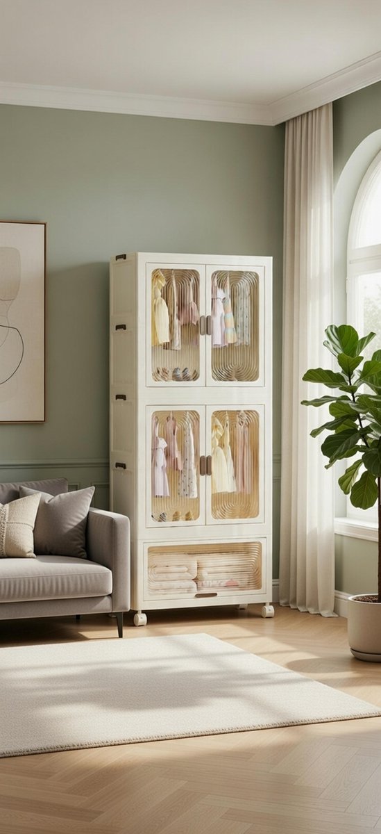 Multifunctionele Opvouwbare Kledingkast 70x41,5x191,4 cm – Kindvriendelijke Stabiele Kunststof Kast met Wielen, Magnetische Deuren, 2 Hangruimtes & 1 Lade – Compacte Opbergkast voor Kinderkamer, Slaapkamer en Kleine Ruimtes – NoviHome