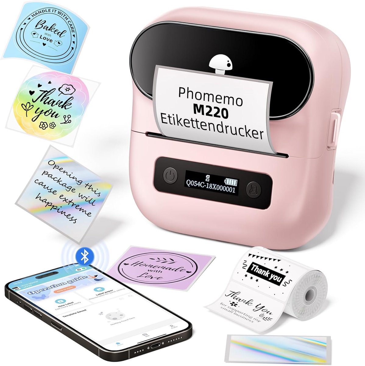 Phomemo M220 - Bluetooth Labelprinter - Thermische Label Maker - Draagbare Printer - 203 DPI - Voor Barcode, Adreslabels en Bedrijfsetiketten - Roze