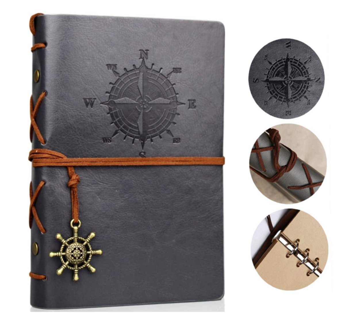 Goodz4All Vintage Lederen Notitieboek met Windroos A5 - Grijs - Journal Schetsboek Notebook - Cadeau idee - Blanco Papier - Travel Journal Reis Dagboek Retro