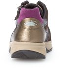 Achterkant van de sneaker met goudkleurige en roze accenten. Logo "rollingssoft" zichtbaar.