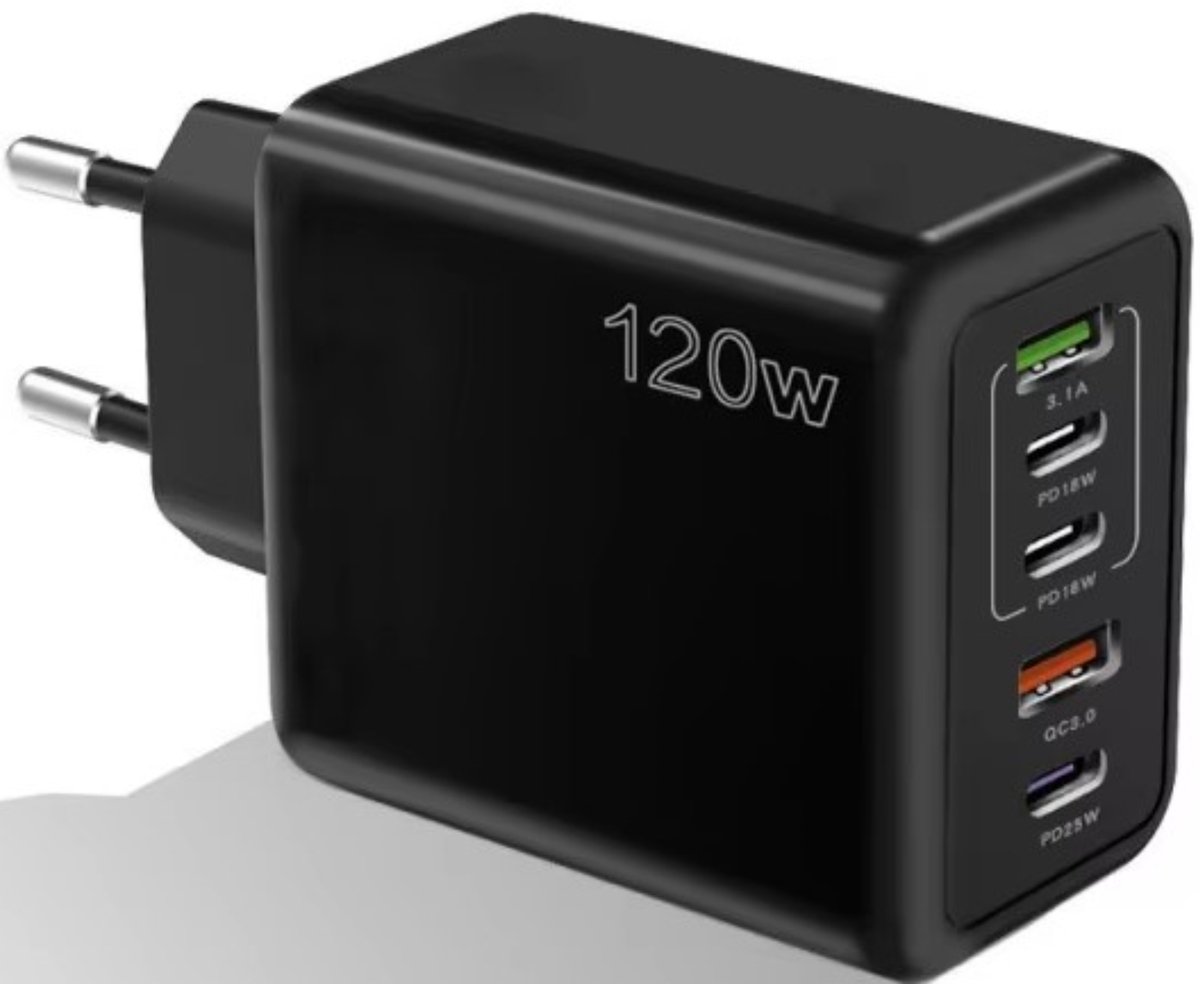 USB Adapter & USB C Adapter - 5 Multipoort 120W - USB Stekker - Reisstekker - Snelladen functie - Type-C Stekker - Zwart - Wereldstekker - Usb lader