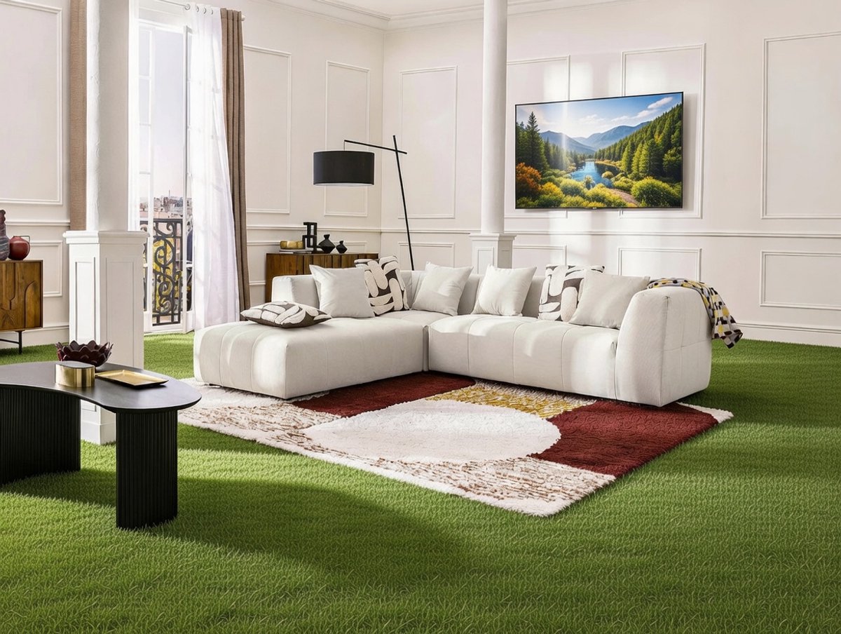 Hoekbank Links 263x233 cm – Grote 6-Persoons Ribfluweel Hoekbank met Chaise Longue en Kussens – Waterafstotende Fluweel Bank met Nosag Veren en Gewatteerde Rugleuning – Beige Luxe Design Hoekbank – Bellavero