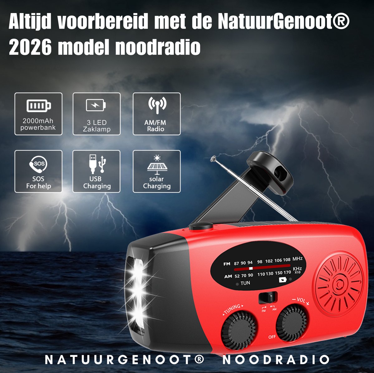 NatuurGenoot® Noodradio 2026 – Opwindbaar & Solar – 3 LED Zaklamp – 2000mAh Powerbank – SOS Alarm – FM/AM Radio – Draagbare Noodradio voor Rampen & Camping – Rood