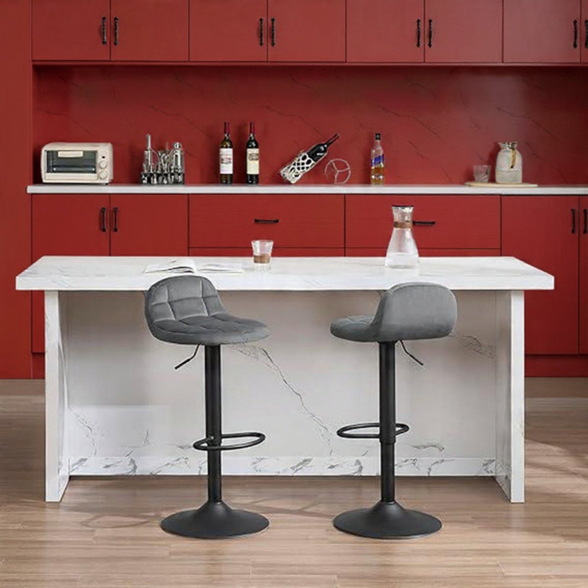 Luxe Velvet Draaibare Barkrukken Set van 2 – Verstelbaar 60-82 cm – Met Rugleuning – Donkergrijs Casa Serena – 82 cm – Casa Dorada
