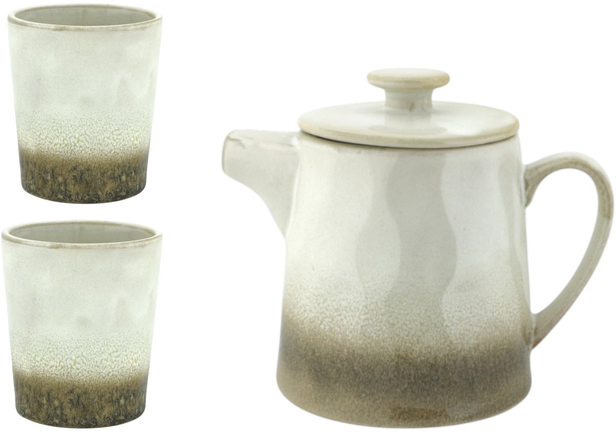 Home Society - Theeset - Theepot - 2 mokken - Keramiek - Wit/Bruin