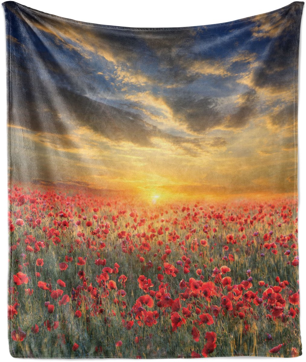 New Bed Klaproos Schilderachtig veld zonsondergang Zachte Flanellen Fleece Deken, 230 cm x 175 cm