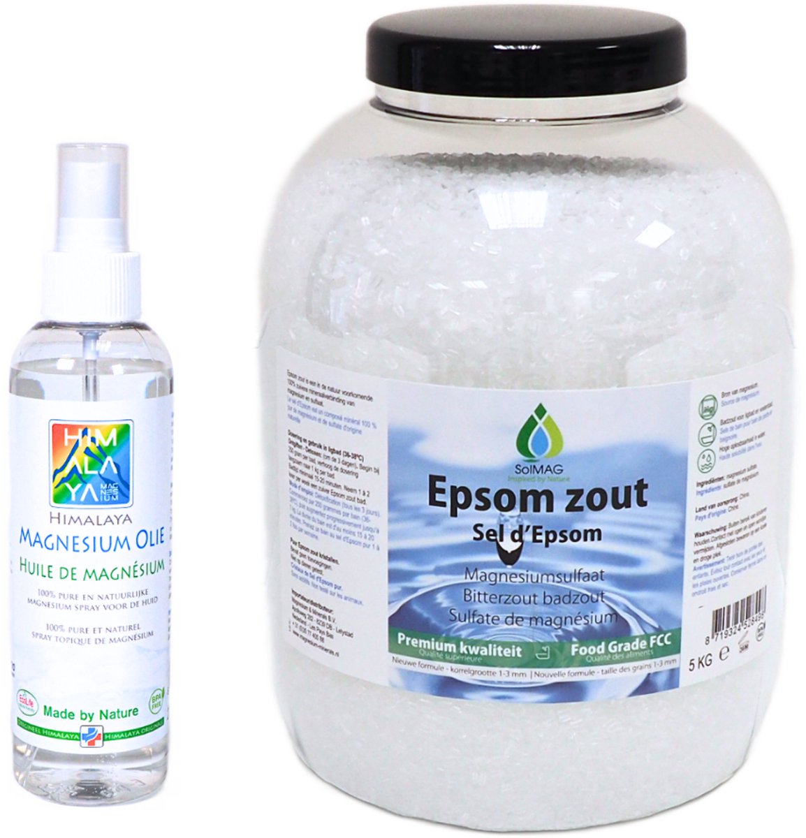 SoLMAG Voordeelset Epsom Zout 5 kg + Himalaya Magnesium Olie Spray 200 ml - Badzout voetenbad — Magnesiumsulfaat 49% FCC Food Grade - Epsomzout -Epsom Salt - Sal de Epsom - Magnesium spray - Magnesiumolie Voeten en Spieren - Magnesiumolie slaap
