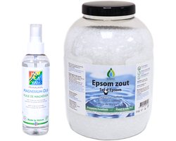 SoLMAG Voordeelset Epsom Zout 5 kg + Himalaya Magnesium Olie Spray 200 ml - Badzout voetenbad — Magnesiumsulfaat 49% FCC Food Grade - Epsomzout -Epsom Salt - Sal de Epsom - Magnesium spray - Magnesiumolie Voeten en Spieren - Magnesiumolie slaap
