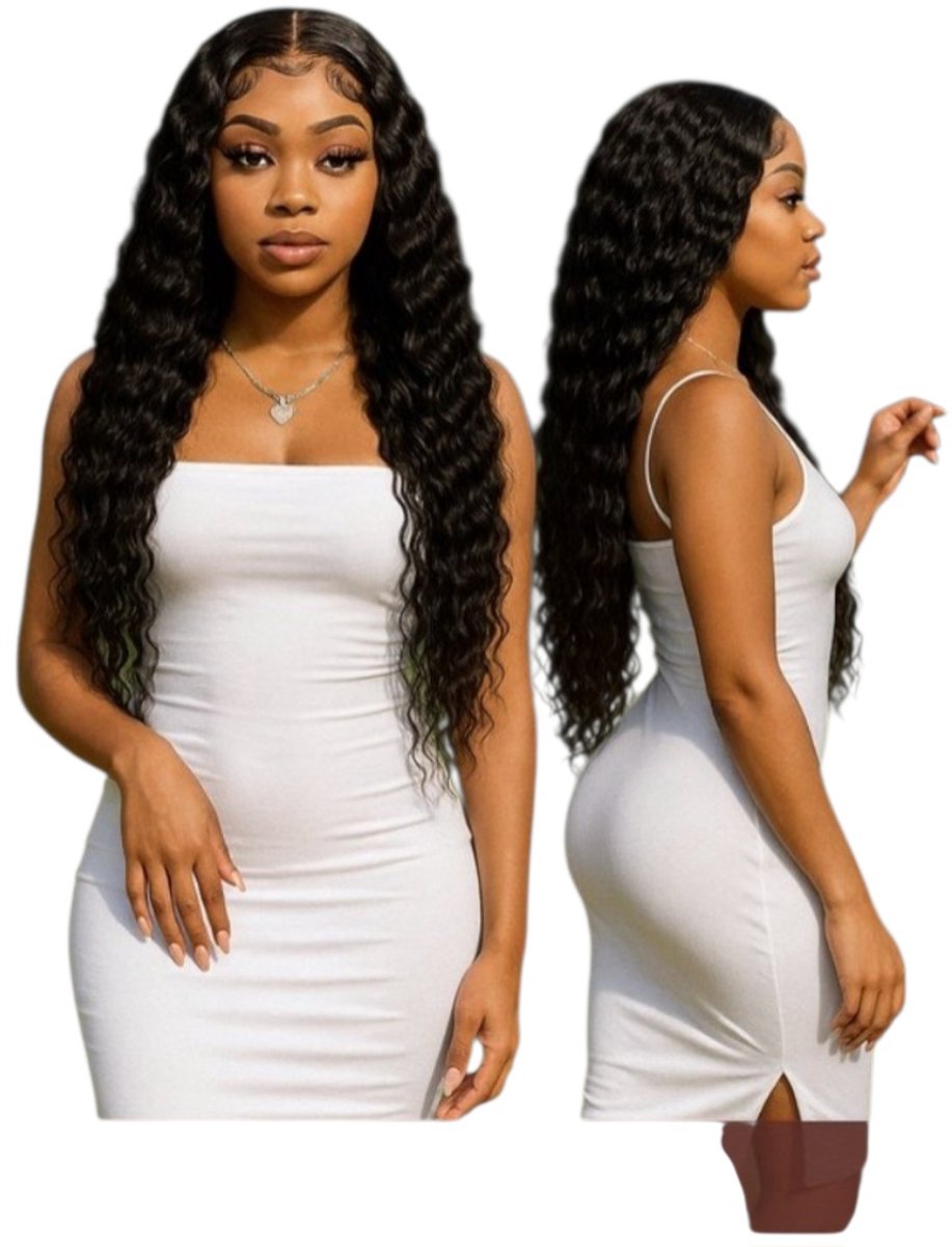 Frazimashop – 28 Inch 70 cm - Braziliaanse Remy diepe Golf Pruik – 100% Human Hair – Lace Front 13x4– Donkerbruin – Dames Pruik – Lang Haar – Deep Wave