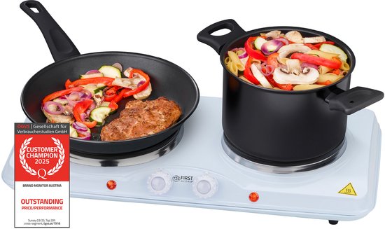 Plaque de cuisson électrique double blanche avec poêle de steak et légumes et casserole de pâtes, avec logo 'Customer Champion 2025'.