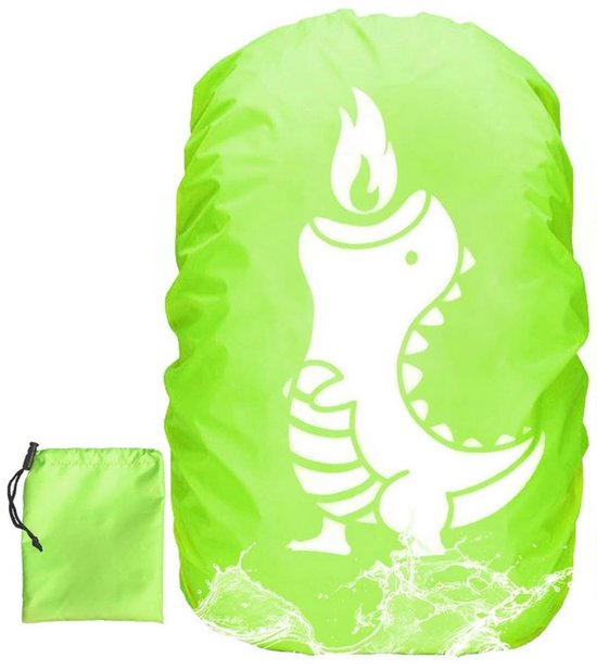 Lichtgroene rugzak regenhoes met witte dinosaurus print, met een opbergzakje ernaast.