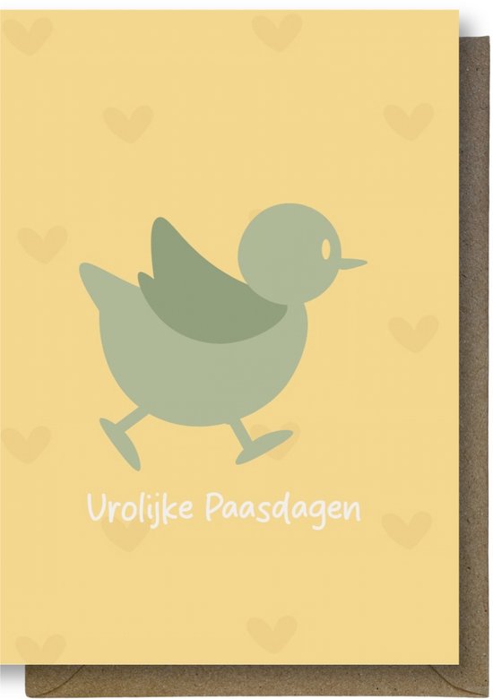 Gele wenskaart met een lichtgroene vogel en hartjes. Tekst 'Vrolijke Paasdagen'.