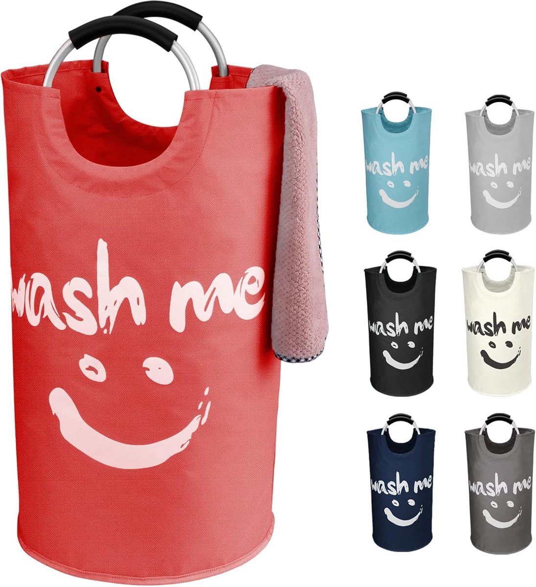 Opvouwbare wasmand 95L met aluminium handvat en smiley-patroon - Rood