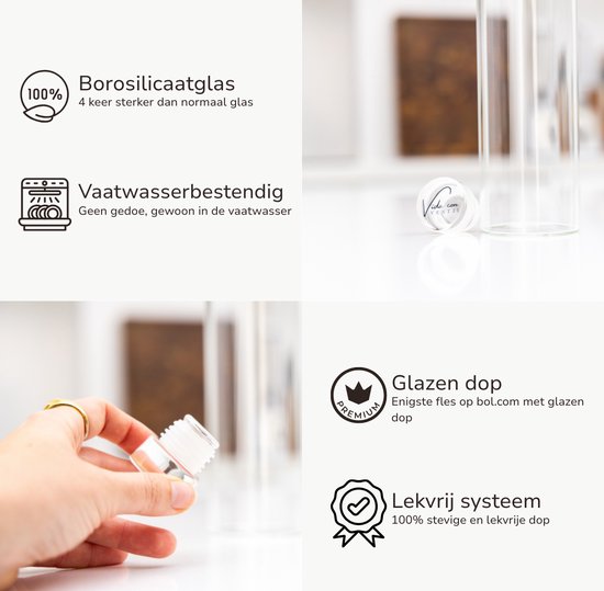 Close-up van een glazen dop en tekst over borosilicaatglas en vaatwasmachinebestendig.