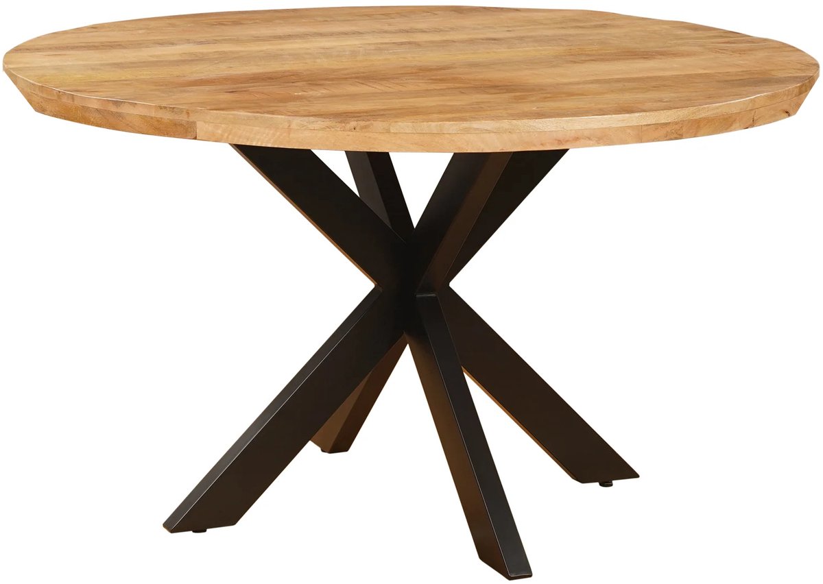 Sfeerwonen Enzo - Eettafel Rond - 120 cm - Mangohout Naturel - Swiss Edge Schuine Rand Afwerking 5 cm - Stalen Matrix Onderstel