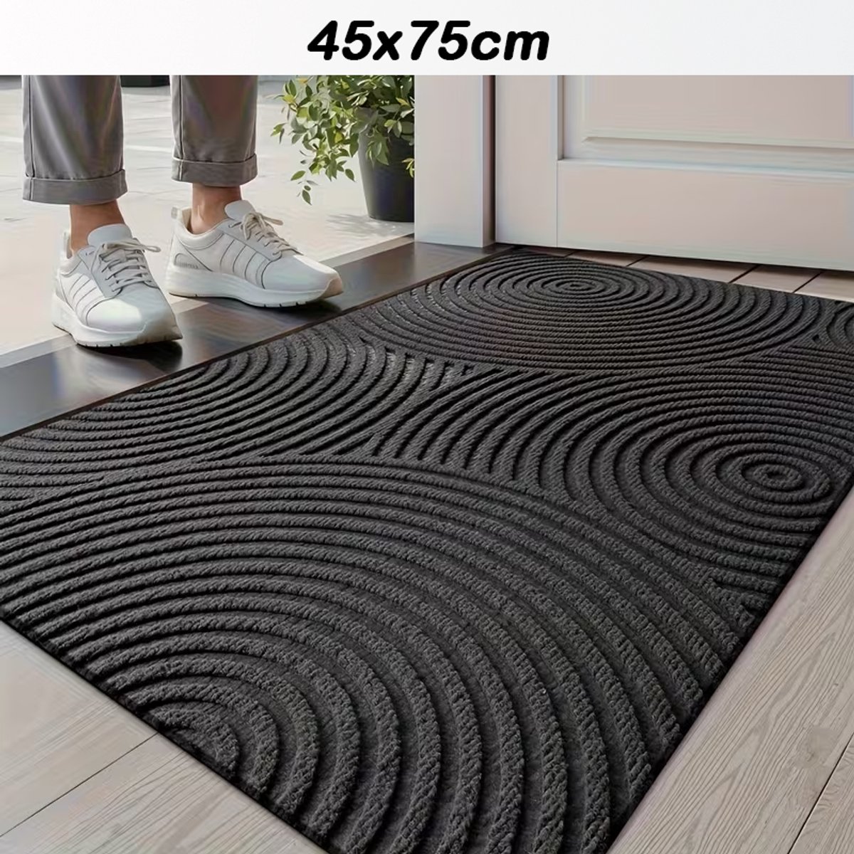 Antislip Deurmat met Rondjes Streepdesign – Zwart – Polyester – 75cm x 45cm - Rubberen Onderkant – Gemakkelijk Schoon te Maken – Ideaal voor Entree, Veranda of Garage - 75cm x 45cm