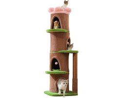 EcoPawPaw Houten Kattenkrabpaal – 174 cm Kattenboom met Kattenhuis, Platforms en Sisal Krabpalen – Boomstam Design voor Meerdere Katten – Hout/Bruin