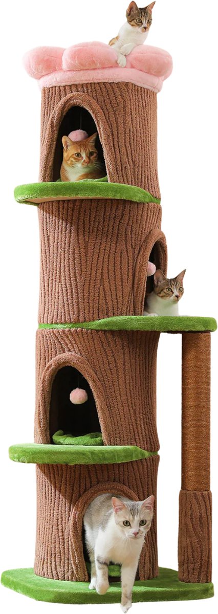 EcoPawPaw Houten Kattenkrabpaal – 174 cm Kattenboom met Kattenhuis, Platforms en Sisal Krabpalen – Boomstam Design voor Meerdere Katten – Hout/Bruin