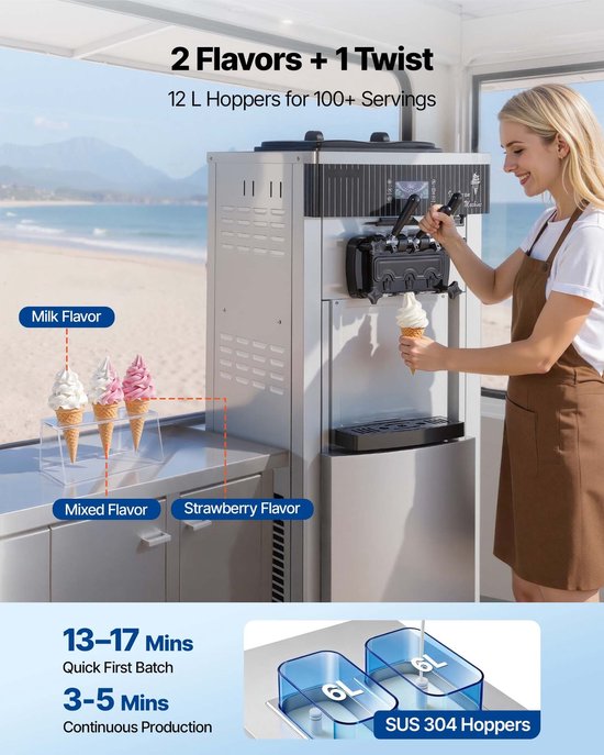 Softijsmachine - Commercieel vrijstaand model - 2200 W - 20–28 L/uur - 3 Smaken - 2 Reservoirs 6 L - Voorkoeling - Zelfreiniging van Merkloos — afbeelding 5