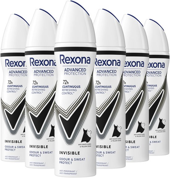 Rexona Advanced Protection Continuous Refreshing Control deodorant 6 x 150 ml spuitbussen met witte dop en zwart-wit design.