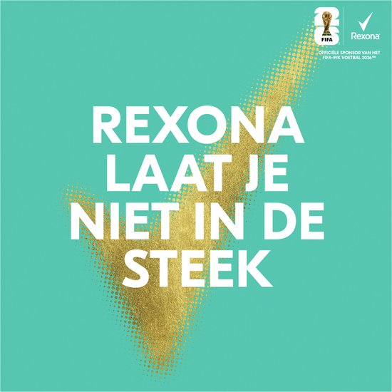 Rexona 'Laat je niet in de steek' met FIFA logo en gouden accenten op een turquoise achtergrond.