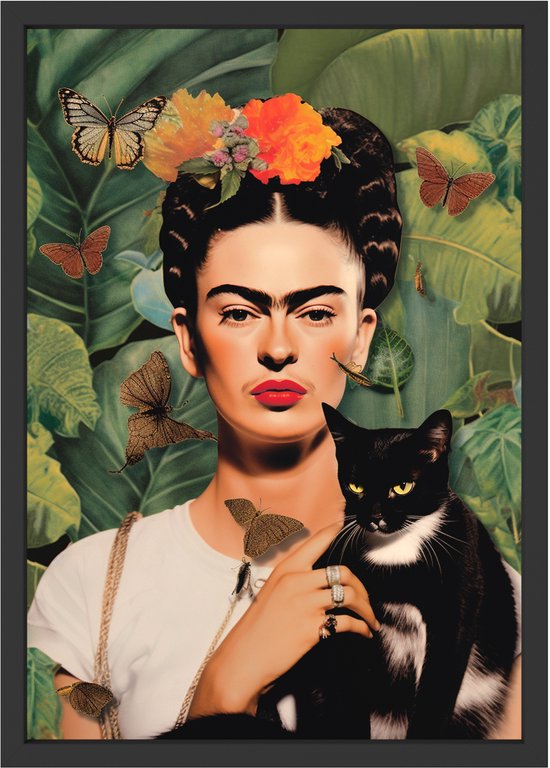 Frida Kahlo poster met zwarte kat en vlinders, ingelijst in een donkergrijs frame.