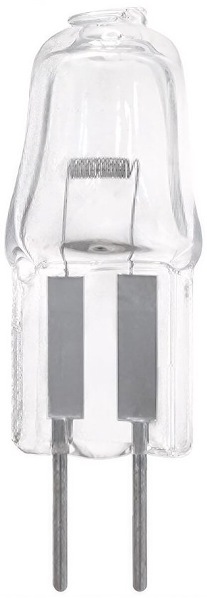 Duidelijke G4 halogeenlamp met twee pinnen en een gloeidraad.