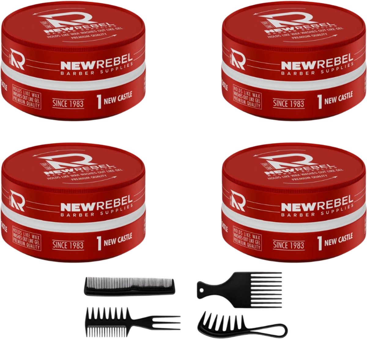 NEW REBEL 01 NEW CASTLE – Gel Wax (4x150ml) + 4 Styling Kammen – Premium Haarstyling voor Mannen - Haar Wax Mannen