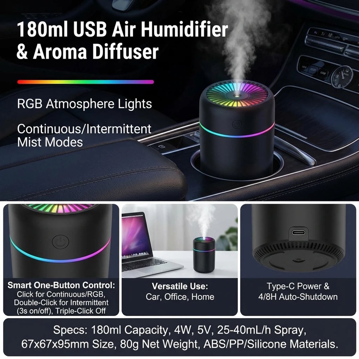 180ML Mini Luchtbevochtiger & Aroma Diffuser - USB-C Geurverspreider met LED Verlichting - Voor Auto, Thuis & Slaapkamer - Zwart — cadeau in Gadgets - foto 5