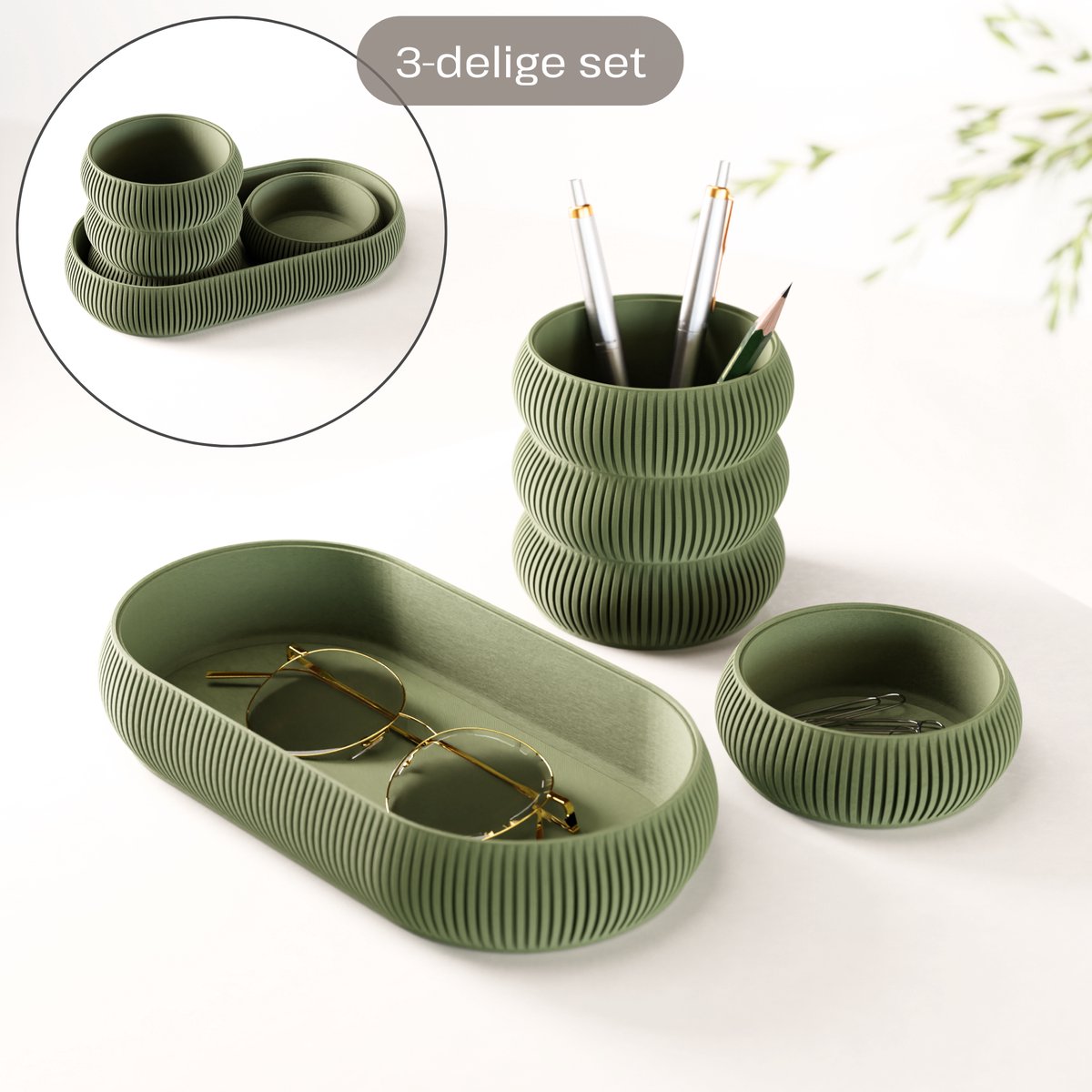 Fleuriek - Bureau organizer set 3-delig - Stapelbaar & modulair - Pennenhouder met opbergbakjes voor bureau, keuken, badkamer & make up - Groen