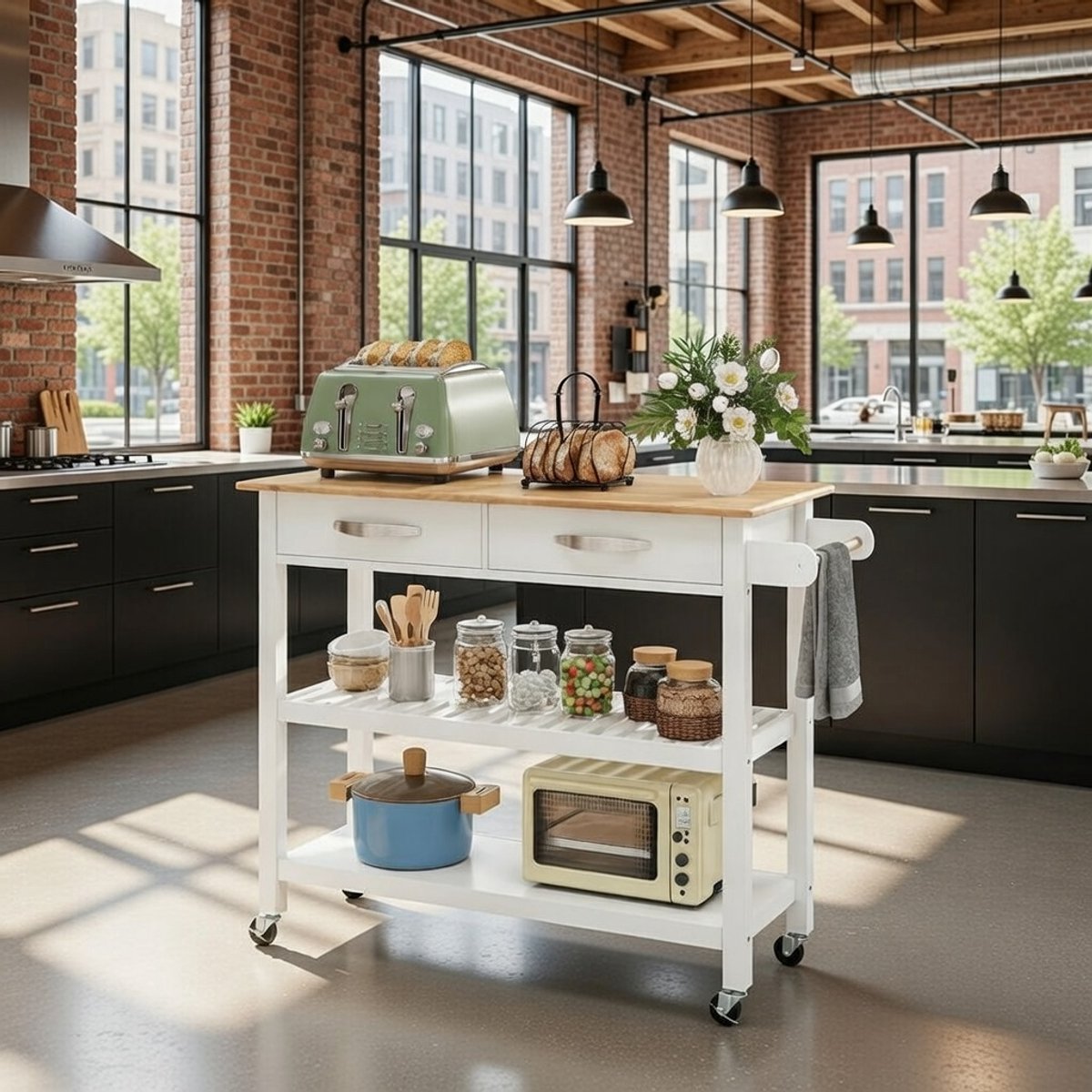 Luxe Houten Keukentrolley met 2 Laden & Open Planken 116x44x89 cm Wit – Mobiel Keukeneiland op Wielen Casa Serena – Casa Dorada