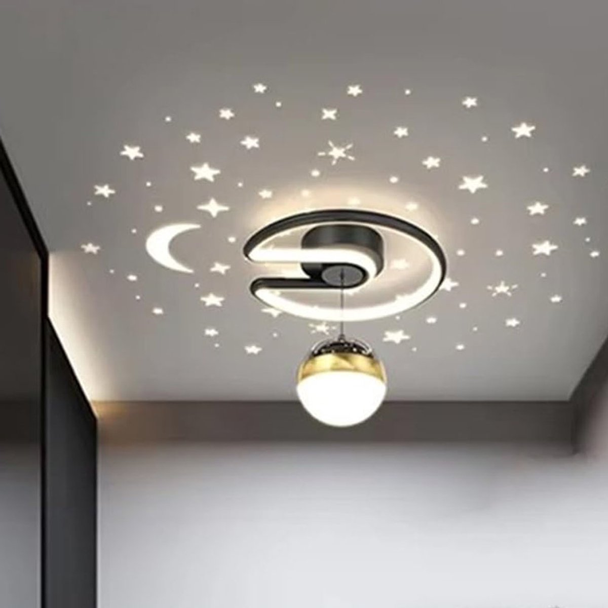 Projector Maan Sterren Plafondlamp - Dimbaar LED Plafondlamp - Moderne Halverlichting - Binnenverlichting voor Slaapkamer, Keuken en Eetkamer, zwart