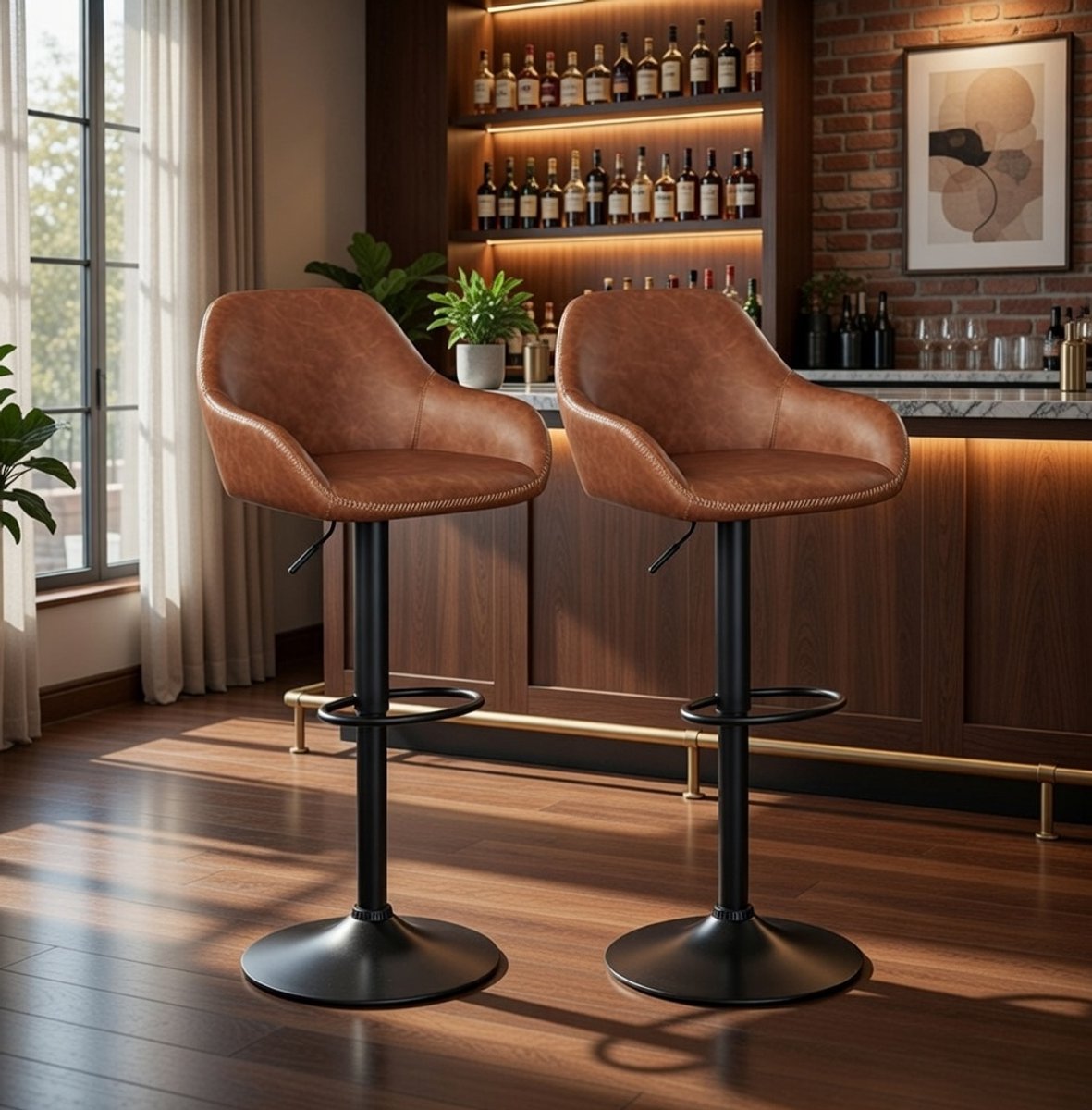 Luxe Barkrukken Set van 2 – In Hoogte Verstelbare Barstoelen met Rugleuning, Draaibare Bistrokrukken van Kunstleer – Comfortabele, Stabiele Barstoelen voor Keuken, Bar, Eiland of Café – Bruin Casa ...
