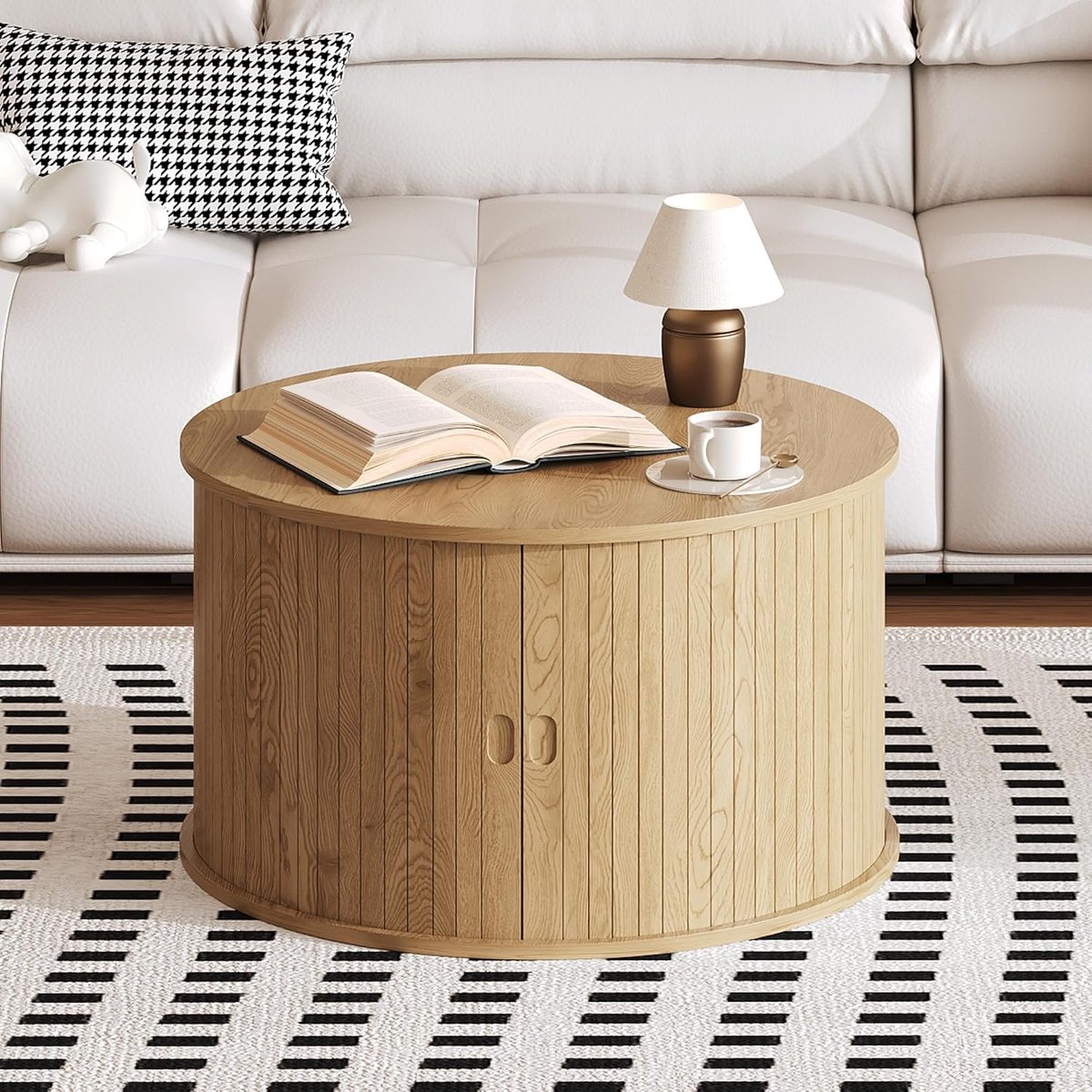 Meubels - Salontafel - 28 inch ronde salontafel met opbergruimte - Mid-eeuwse moderne geribbelde bijzettafel met schuifdeur - Ronde salontafels voor eikenhouten woonkamer, hal, studeerkamer, eikenhout