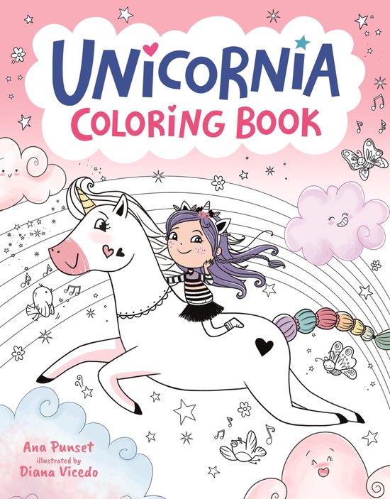 Unicornia Coloring Book met een meisje op een witte eenhoorn, omringd door sterren en wolken.
