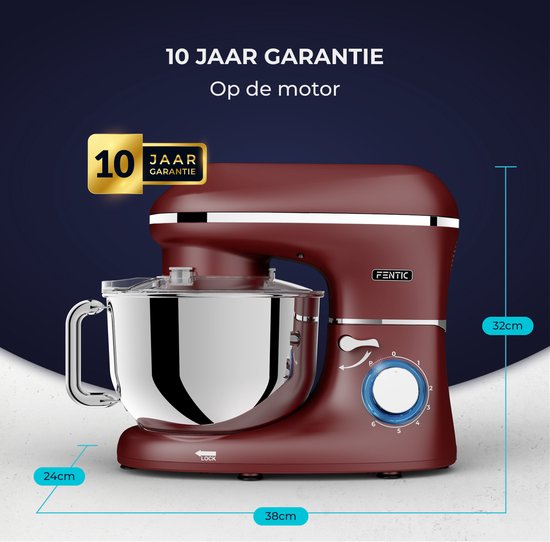 Fentic Keukenmachine - 2000W - RVS Mengkom (6,2 L) - Keukenrobot - Foodprocessor - Mixer met Garde, Deeghaak en Menghaak - Incl. Beschermhoes en extra Accessoires - Mat rood van Fentic — afbeelding 4