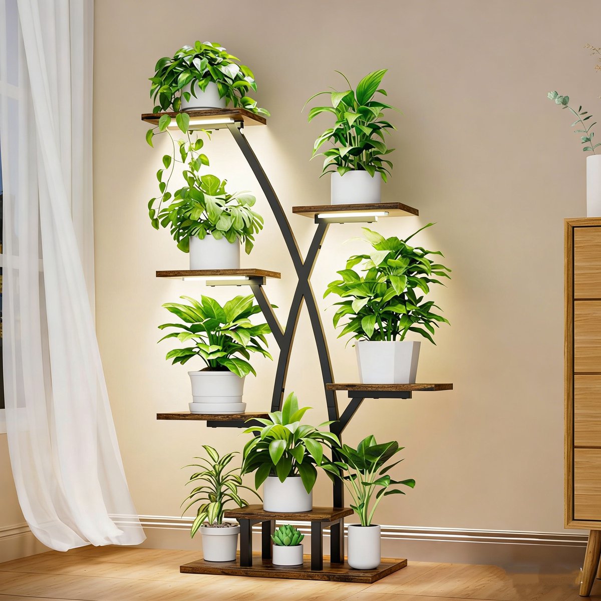 Plantenstandaard voor binnen – 7 niveaus met kweeklampen – Metalen hoekplantenstandaard – Bloemenplank & pannenhouder – Voor binnen & balkon – 40x22x105cm