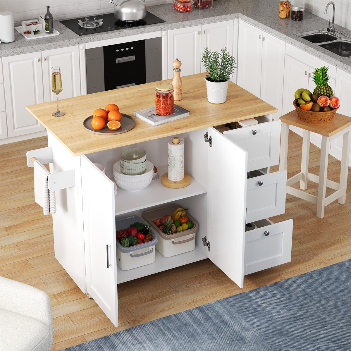 HAUSS SPOLE Keukeneiland Op Wielen - Uitklapbaar Werkblad Met 3 Lades En Kast - Voor Keuken En Eetkamer - MDF - Wit Naturel - 135x70x90 Cm