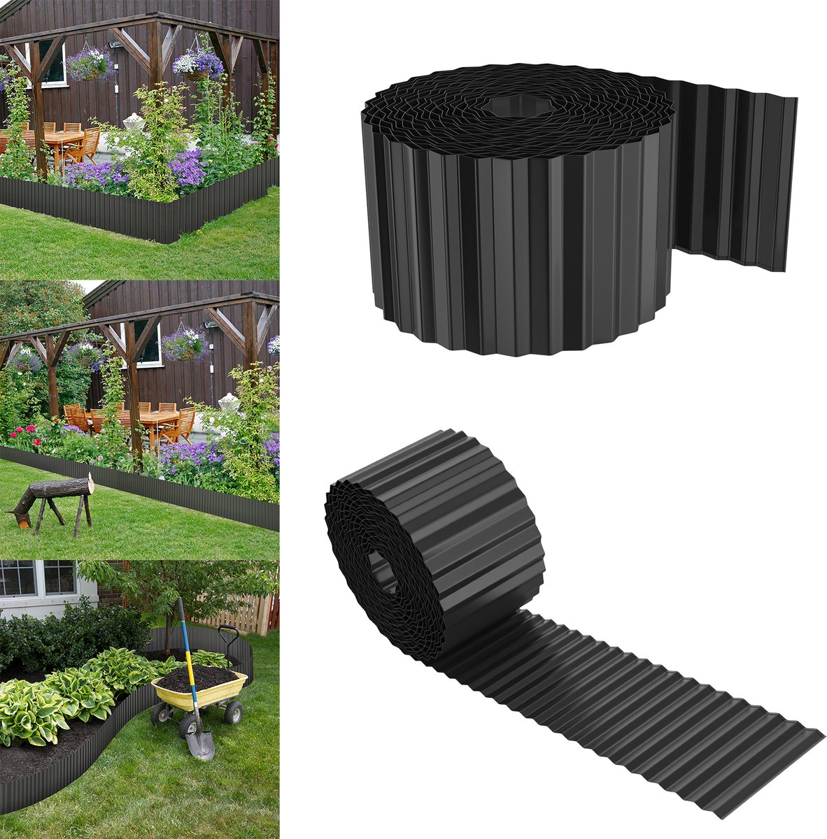 Froadp 2 stuks Flexibele Verzinkte Metaalen Gazonrand 10m (15cm hoog) - Golfvormige Perkbegrenzing - Zwart