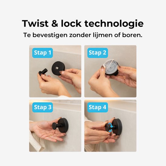 Stappenplan voor 'Twist & lock technologie' zonder boren: haak losmaken, basis vastzetten, haak erop draaien en vastzetten.