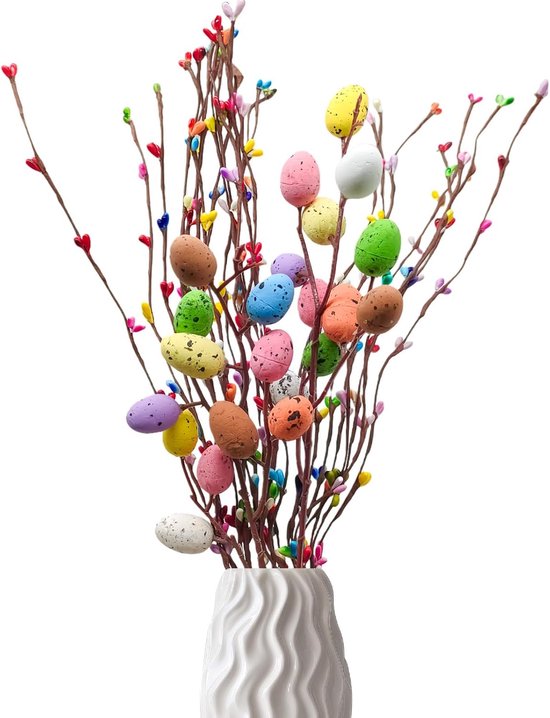 Ensemble de Branche de Paques en Plastique 24 Pièces 40cm, Branches de Paques avec Œufs Colorés et Œufs Éventail, Branches Printanières pour Arrangements Floraux Pièce Pièce Maîtresse Couronne Décoration